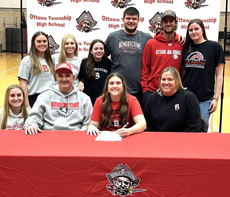Ottawa’s Olivia Evola has signed on to continue her education at Benedictine University in Lisle and her volleyball career at the NCAA Division 3 level with the Eagles. Evola, a setter and second-team selection on the 2023 Times All-Area Girls Volleyball Team, is pictured (front, center) at her signing ceremony surrounded by family.