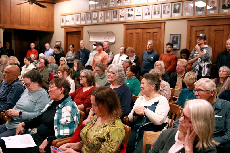 A crowd gathered for the public comment portion of the Geneva City Council meeting on Monday, Nov. 18, 2024 in Geneva.