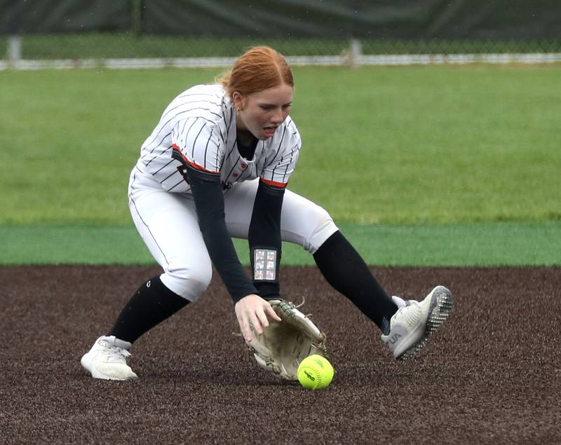 McHenry's Danica McCarthy fields the ball during a Fox Valley Conference softball game against Cary-Grove on Thursday, April 30, 2026, at McHenry High School.