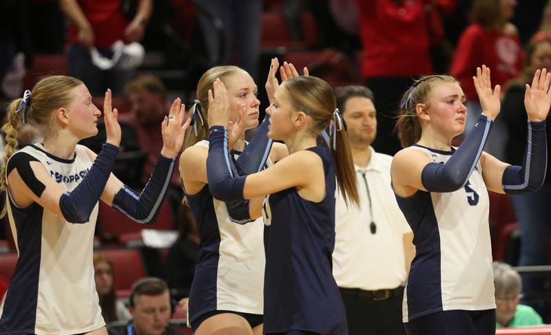 Members of the Cissna Park volleyball team hi-five teammates after loosing to Calhoun during the Class 1A State semifinal game on Friday, Nov. 15, 2024 at CEFCU Arena in Normal.