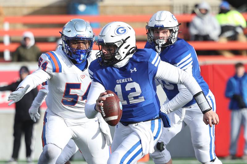 Geneva’s Anthony Chahino scrambles out of the pocket against East St. Louis in the Class 6A state championship on Saturday, Nov. 30, 2024 in Normal.