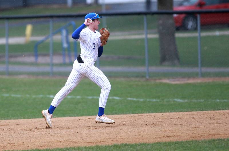 Geneva's Nick Price throws to first during a game against Waubonsie Valley on Wednesday, April 9, 2025 in Geneva.