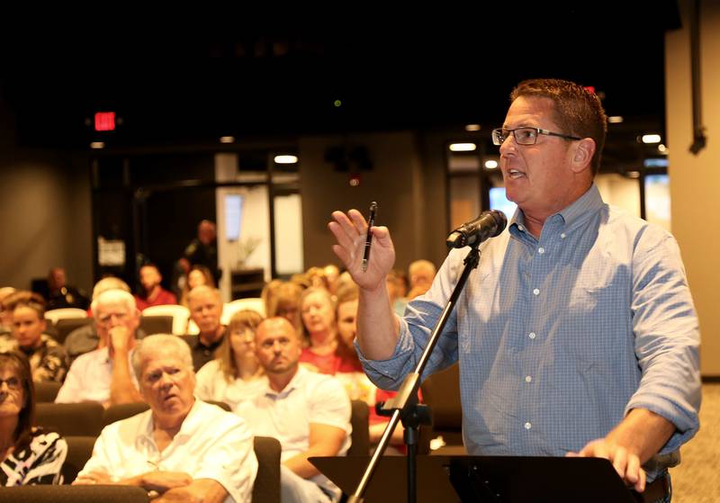 Michael Hager speaks as a person impacted by the Crown Development at the Special Plan Commission Meeting on Monday, Aug. 12, 2024 in Sugar Grove.