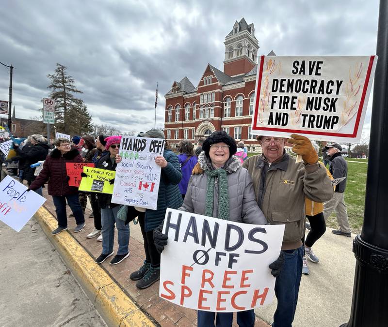 Bill and Kathy Clark of Mt. Morris were among the 400 people who took part in the Hands Off rally held around the historic Ogle County Courthouse in Oregon on Saturday, April 5, 2025. Similar peaceful rallies were held across the United States for people wanting to speak out about recent actions and decisions by President Donald Trump. The event in Ogle County was organized by Indivisible of Ogle County.