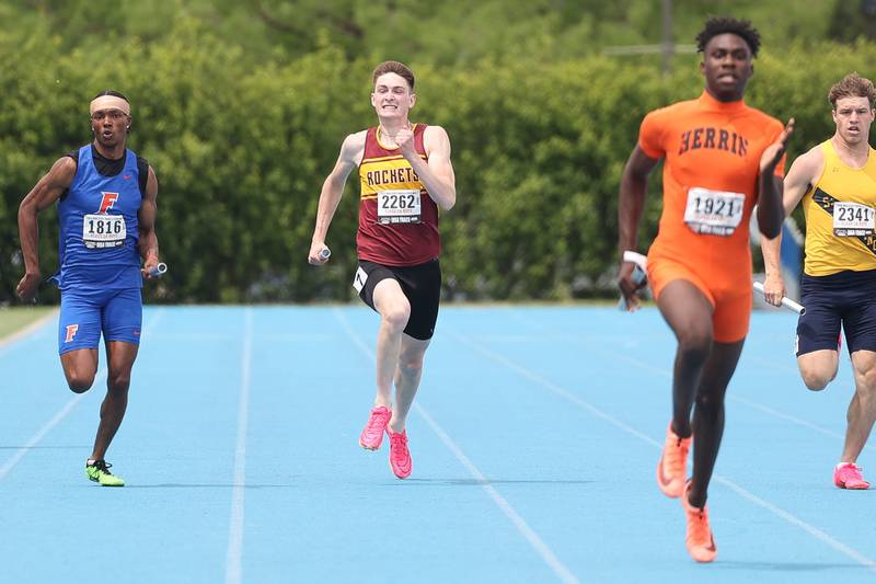 Richmond-Burton’s Sean Rockwell heads to the finish line in the Class 2A 4x200 Meter Relay State Finals on Saturday, May 27, 2023 in Charleston.
