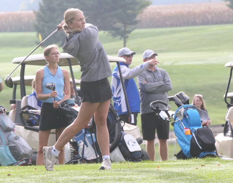 Princeton's Reese Reviglio tees off during the Class 1A Regional golf meet on Thursday, Sept. 28, 2023 at Spring Creek Golf Course in Spring Valley.