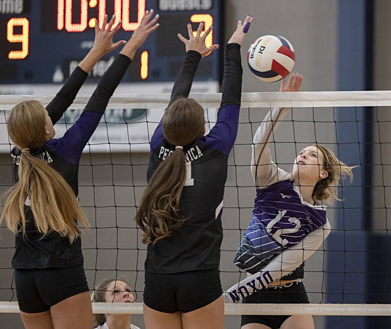 Dixon’s Izzy Queckboerner spikes the ball against Pecatonica at the Sterling Volleyball Invitational Saturday, Sept. 30, 2023 held at Challand Middle School.
