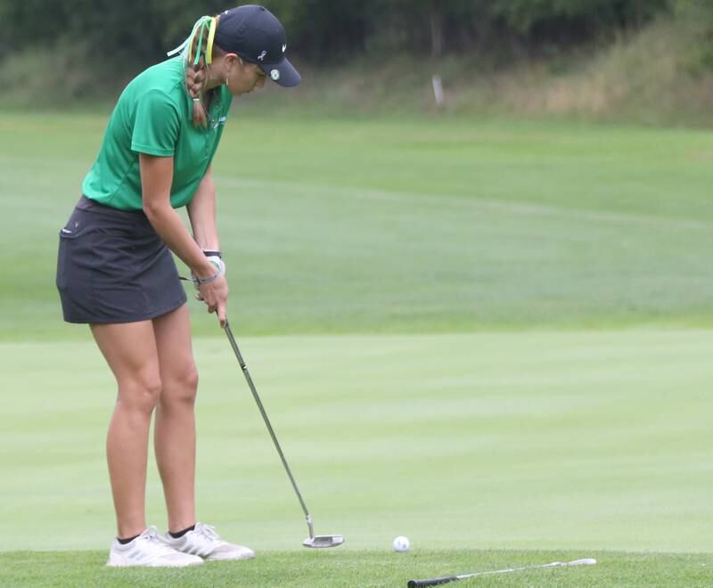 Senica's Addison Stiegler puts on the 7th hole during the Class 1A Regional golf meet on Thursday, Sept. 28, 2023 at Spring Creek Golf Course in Spring Valley.