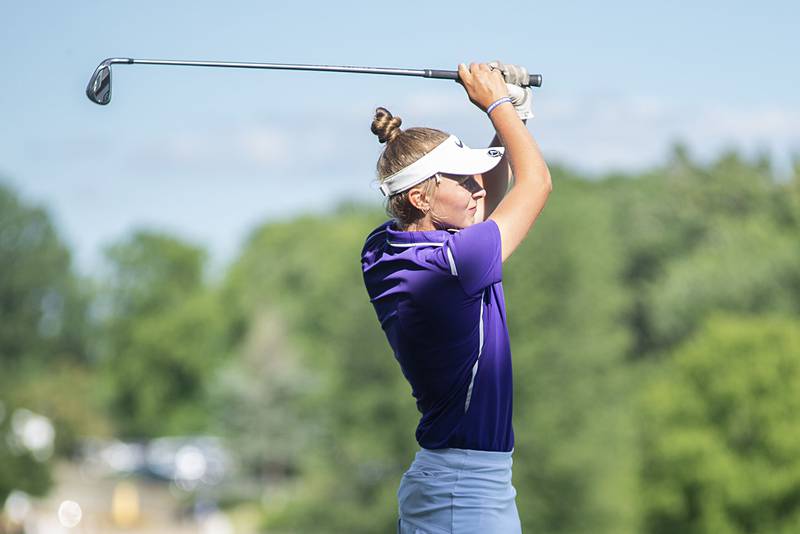 Dixon’s Katie Drew tees off on #2 Thursday, August 11, 2022 at Timber Creek.