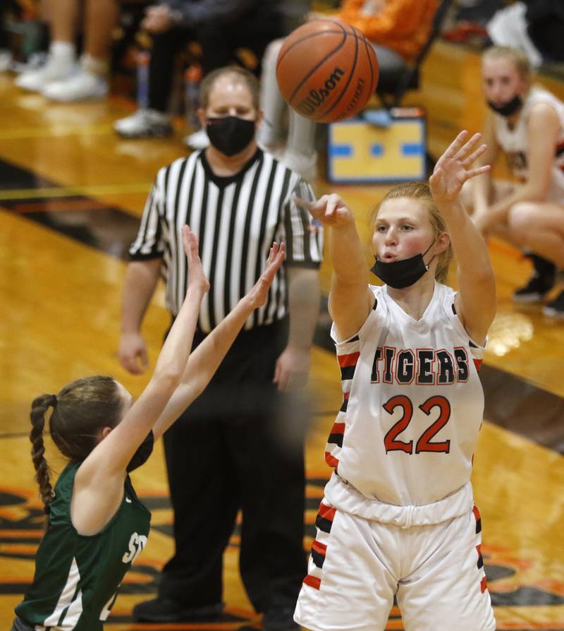 Crystal Lake Central's Olivia Arndt shoots the ball over Crystal Lake South's Mackenzie Resch during a Fox Valley Conference game Wednesday, Jan. 26, 2022, between Crystal Lake South and Crystal Lake Central at Crystal Lake Central High School.