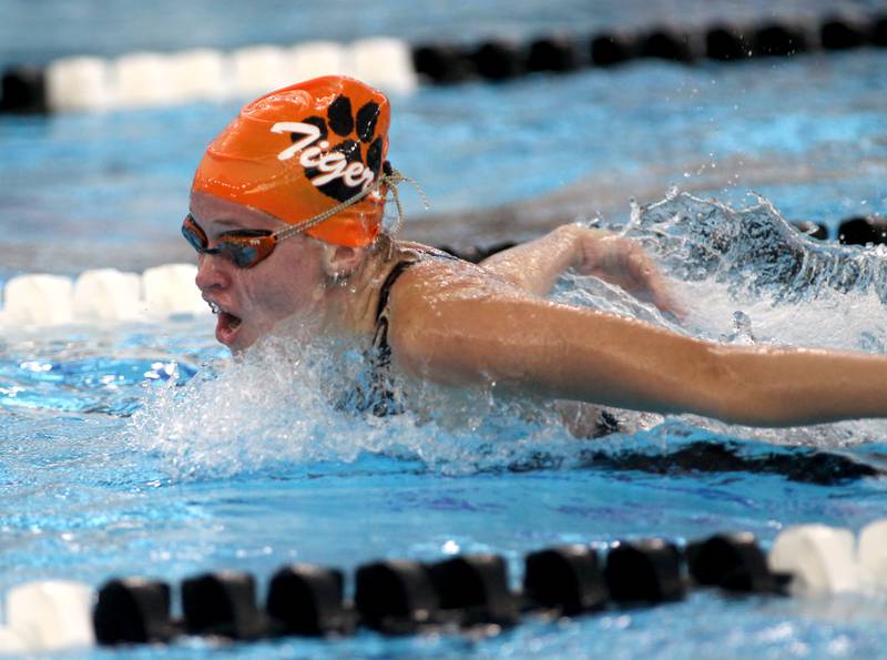 Byron’s Audrey Kilmer swims the 200-yard individual medley during the IHSA Girls State Championships preliminaries at the FMC Natatorium in Westmont on Friday, Nov. 11, 2022.