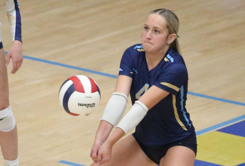 Marquette's Carissa Blood returns a serve against St. Bede on Thursday, Sept. 4, 2025 at Bader Gym.