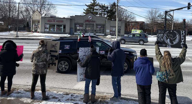 Protesters demonstrate against ICE at a protest in McHenry Feb. 1, 2026.
