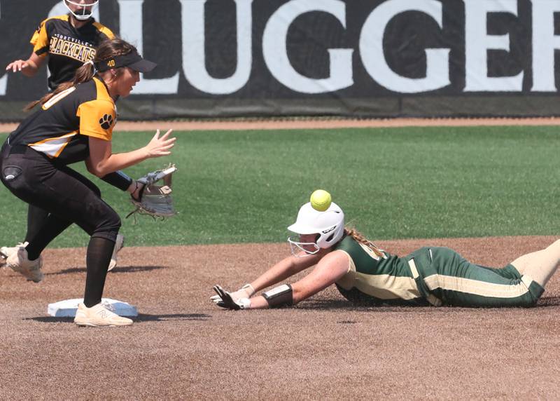 St. Bede's Reagan Stoudt slides into second base safely while Goreville's Brea Suits waits for the late throw in the Class 1A State semifinal game on Friday, June 2, 2023 at the Louisville Slugger Sports Complex in Peoria.