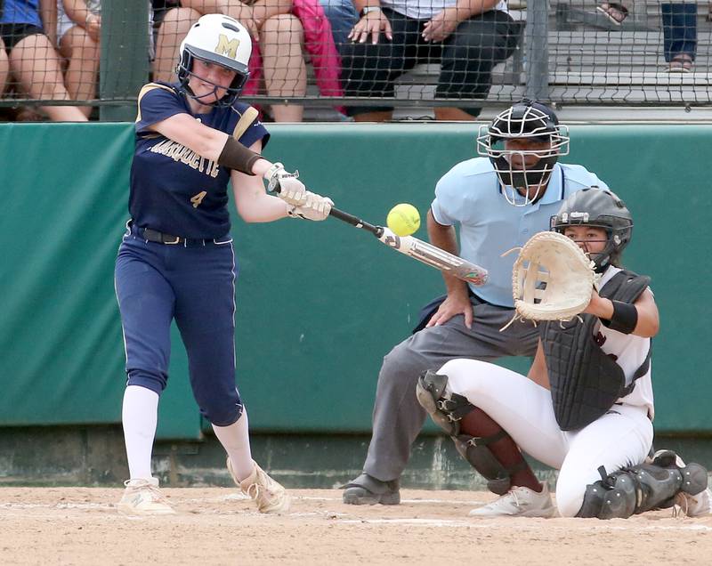 Marquette's Kaylee Killelea strikes out swinging against LeRoy during the Class 1A Supersectional game on Monday, May 29, 2023 at Illinois Wesleyan University in Bloomington.