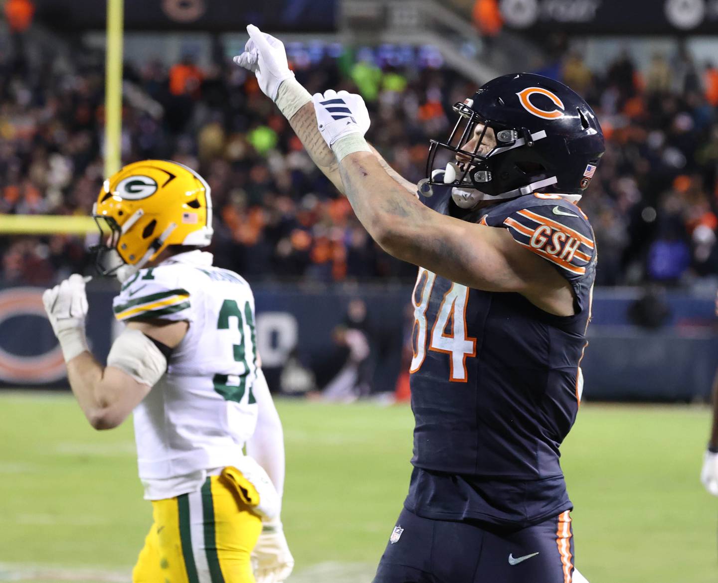 Chicago Bears tight end Colston Loveland celebrates after catching a two point conversion during their NFL Wild Card game against the Green Bay Packers Saturday, Jan. 10, 2026, at Soldier Field in Chicago.