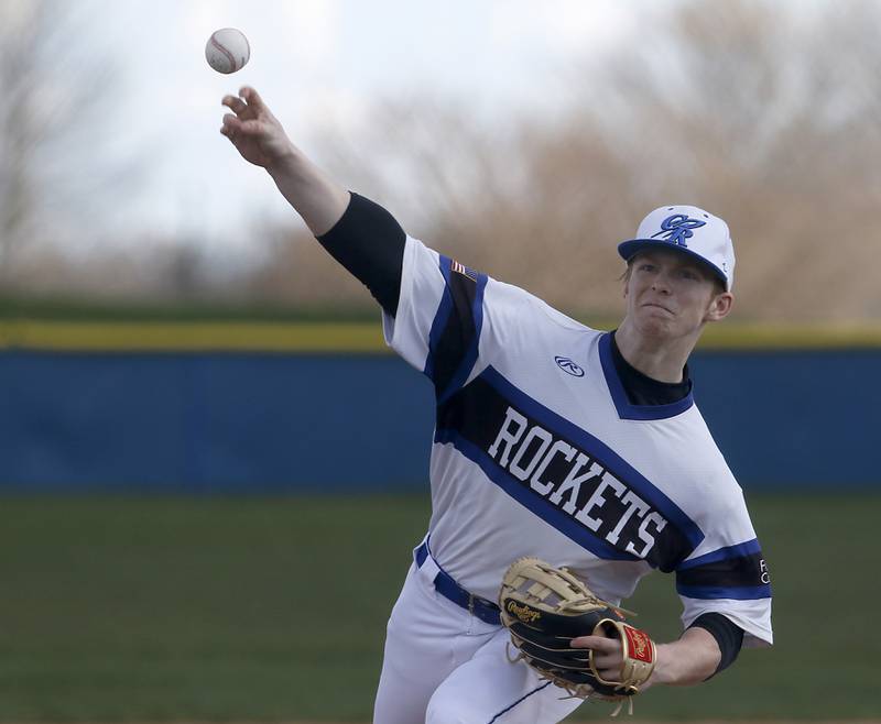 Burlington Central's Brady Gilroy throws a pitch during a Fox Valley Conference baseball game against Crystal Lake South on Friday, April 12, 2024, at Burlington Central High School.