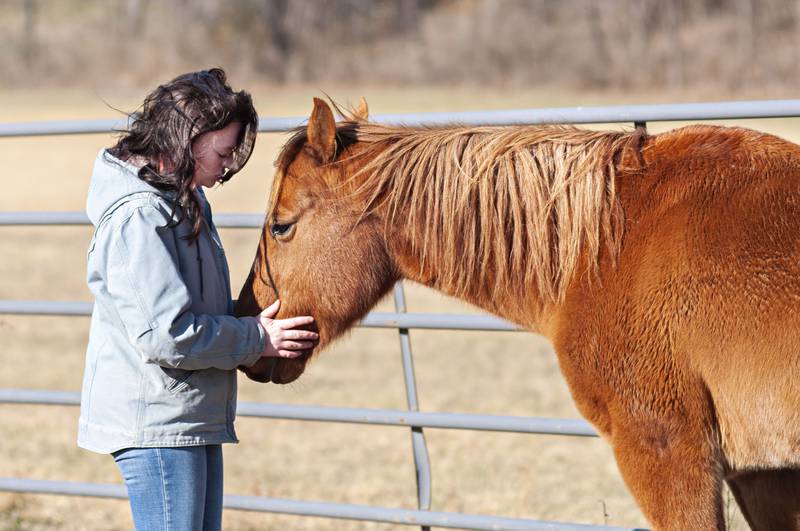 Molly Weinzierl takes a moment with her American quarter horse rescue Reno on December 9, 2021 at her Dixon farm. Reno was one step away from a slaughterhouse but now performs in barrel racing and drill team events.