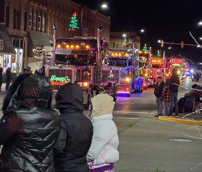 A line of semis decked out in lights convoy Saturday, Nov. 30, 2024, through the Lighted Christmas Parade in Streator.