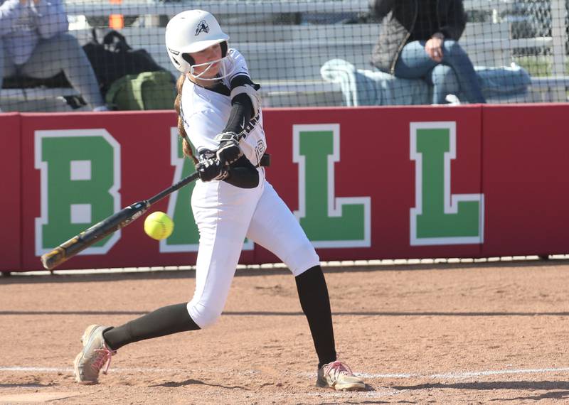 Kaneland's Katie Congoran makes contact with the ball against L-P on Wednesday, April 2024 at the L-P Athletic Complex in La Salle.