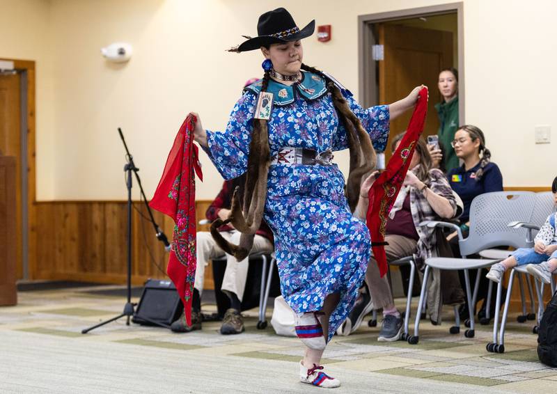Pretty Rock Big Bear performs a traditional dance during the Welcome Winter Celebration at the Lost Valley Visitor Center in Ringwood on Saturday, Dec. 28, 2024.