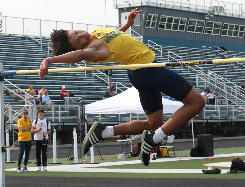 Sterling's Tavian Kelly competes in the high jump during the Class 2A track sectional meet on Wednesday, May 17, 2023 at Geneseo High School.