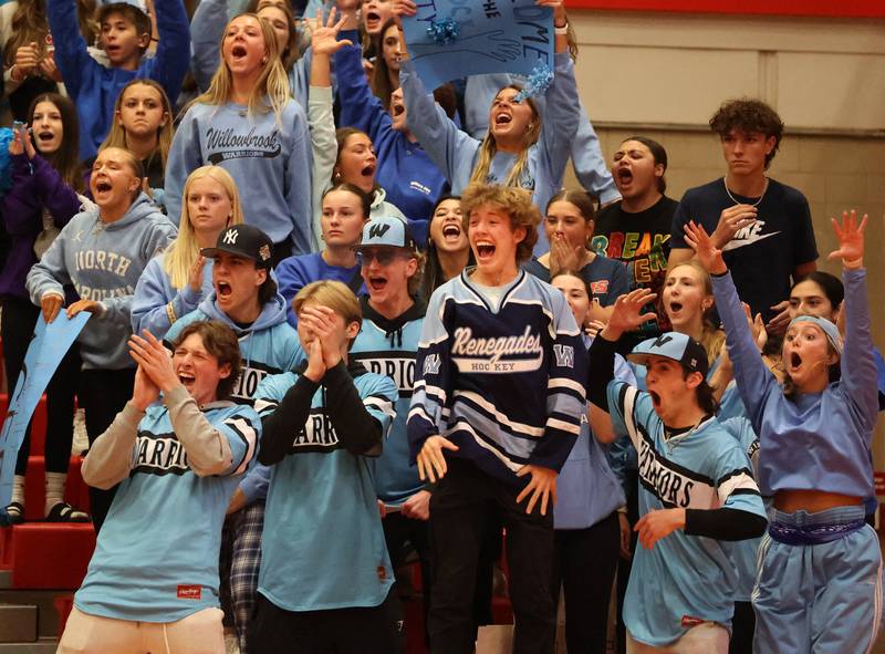 Willowbrook fans react to a point against Oak Park-River Forest during the 4A girls varsity volleyball sectional final match at Hinsdale Central high school on Wednesday, Nov. 1, 2023 in Hinsdale, IL.
