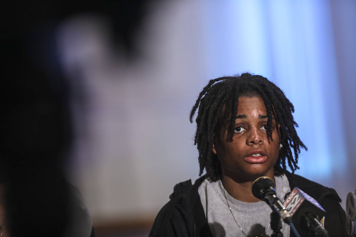 Jazzpher Evans speaks with reporters at a press conference on Thursday, April 8, 2021, at One Vision Worship Center in Joliet, Ill. Evans, a current Quincy University student and Joliet West High School graduate was allegedly assaulted in a racially motivated attack on Sunday night at a local Quincy bar.