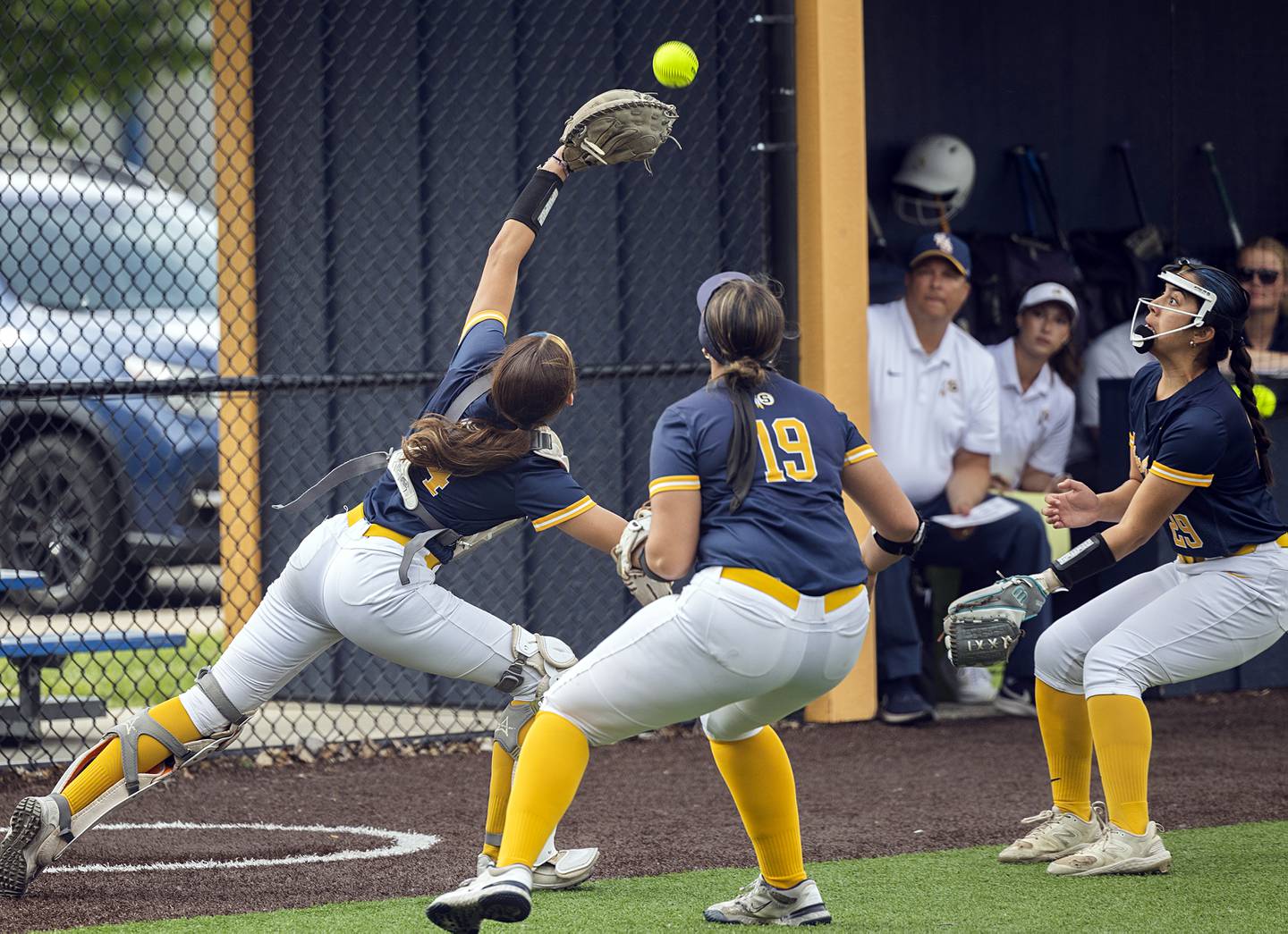 Sterling’s Taylor Dittmar misplays a foul pop against Lasalle-Peru Tuesday, May 19, 2026, at the Class 3A softball regionals at Sterling.