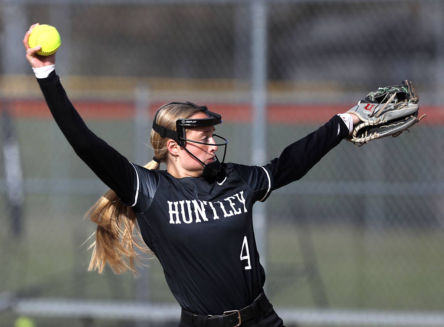 Huntley's Layla Olson throws a pitch during a Fox Valley Conference softball game against Crystal Lake Central on April 7, 2026, at Crystal Lake Central High School.