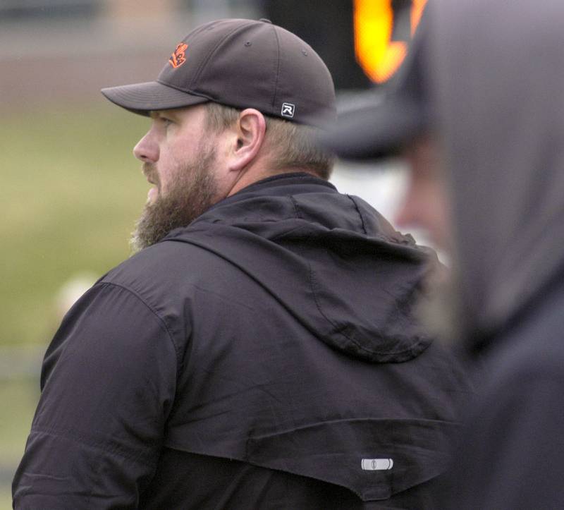 Milledgeville  Head Coach  Jason Wroble watches his team. The Milledgeville Missiles defeated the South Beloit SoBos 22-6 in Round 2 of the I8FB playoffs. The game took place at Milledgeville on Saturday, November 8th, 2025