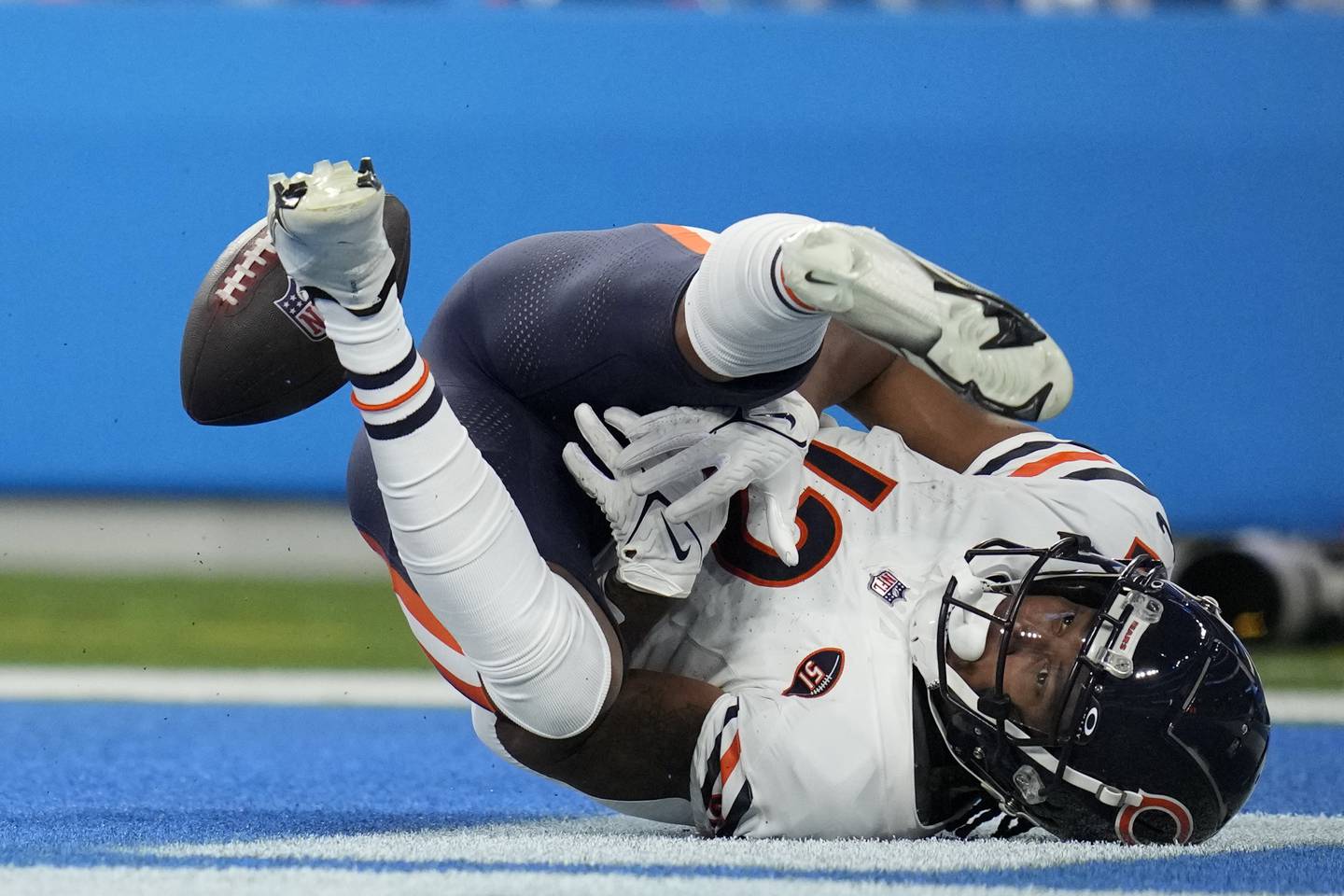 Chicago Bears wide receiver Velus Jones Jr. drops a pass in the end zone during the first half against the Los Angeles Chargers, Sunday, Oct. 29, 2023, in Inglewood, Calif.