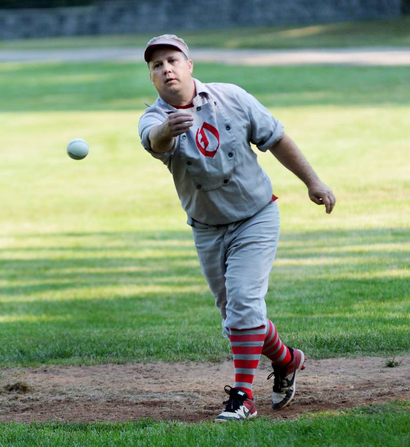 Oregon Ganymede Aaron Berg pitches against Columbus during the team's first game at the World Tournament of Historic Base Ball held at the Henry Ford Museum's Greenfield Village on Saturday, Aug. 9, 2025.