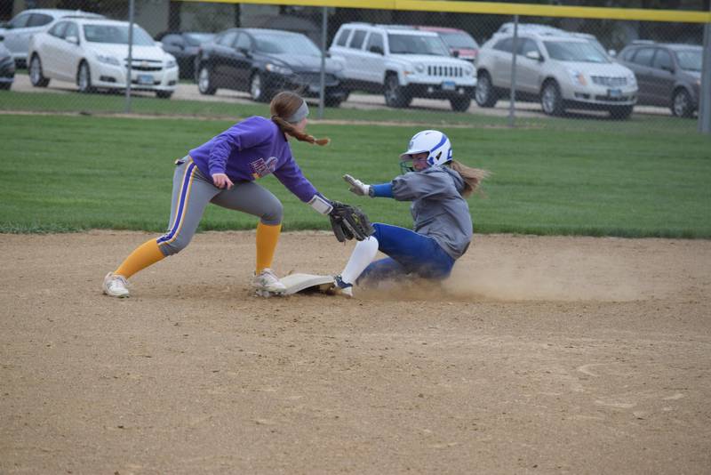 Princeton's Kelsea Klingenberg beats the throw to second base Tuesday at Mendota.