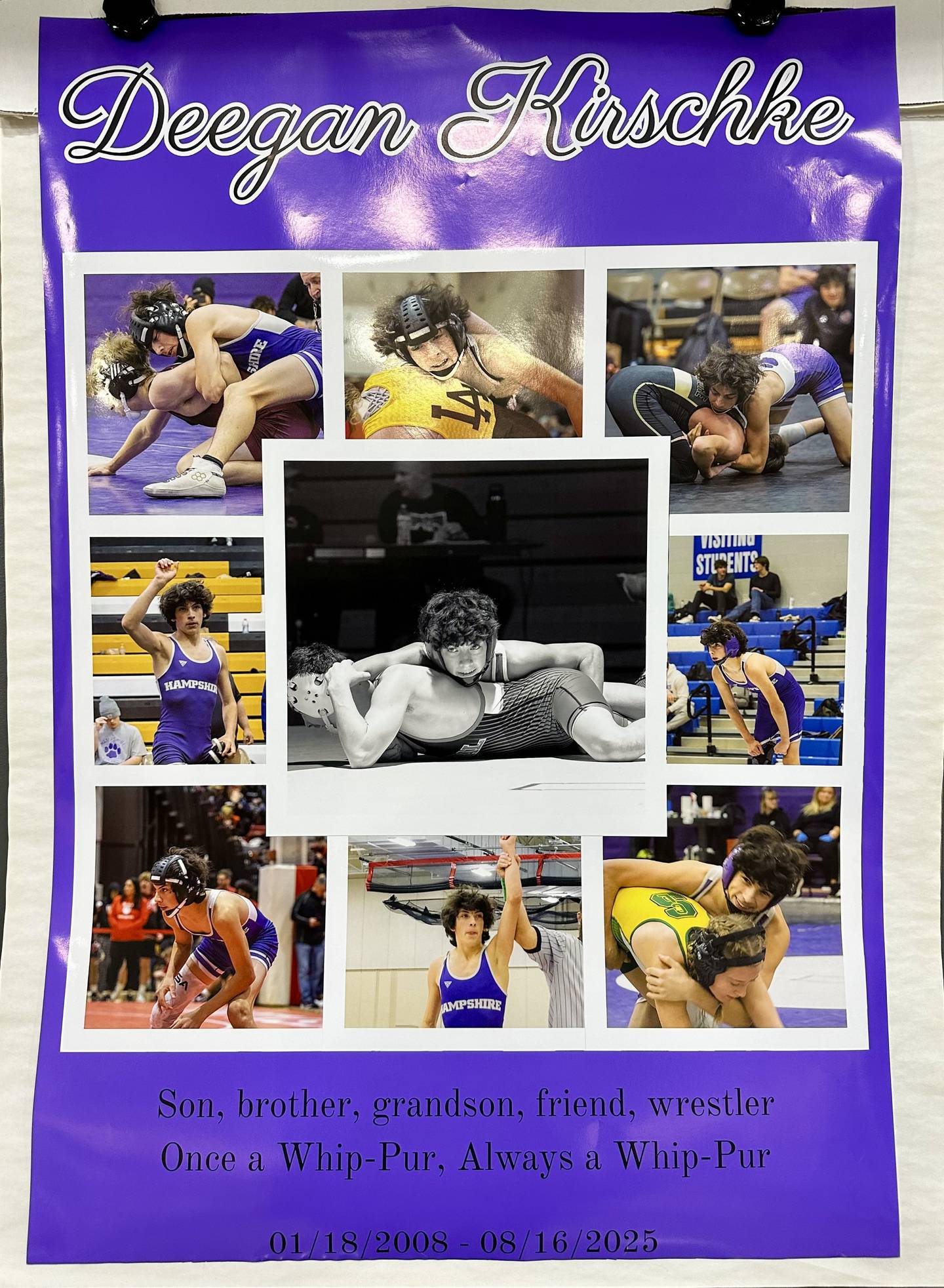 A poster celebrating the life of Deegan Kirschke was posted outside of the main gymnasium at Hampshire High School during Thursday's wrestling dual against Dundee-Crown.