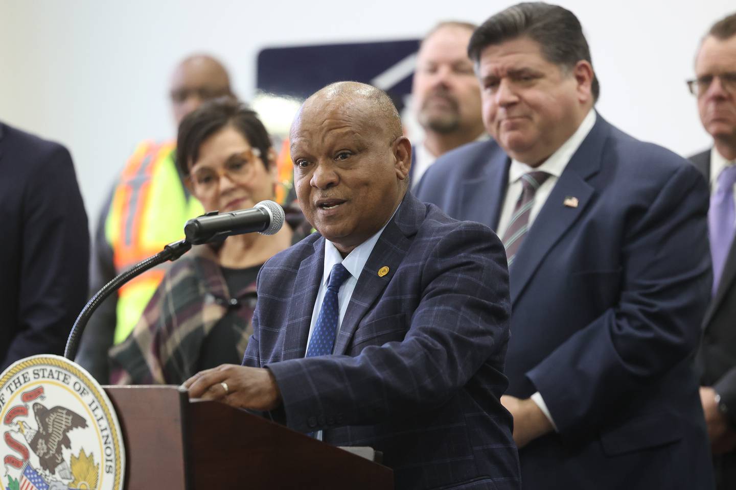 Secretary of Transportation Omer Osman speaks at a press conference on reaching a key milestone for the  $1.3 Billion I-80 corridor project on Wednesday, Nov. 1, 2023 at Joliet Junior College.