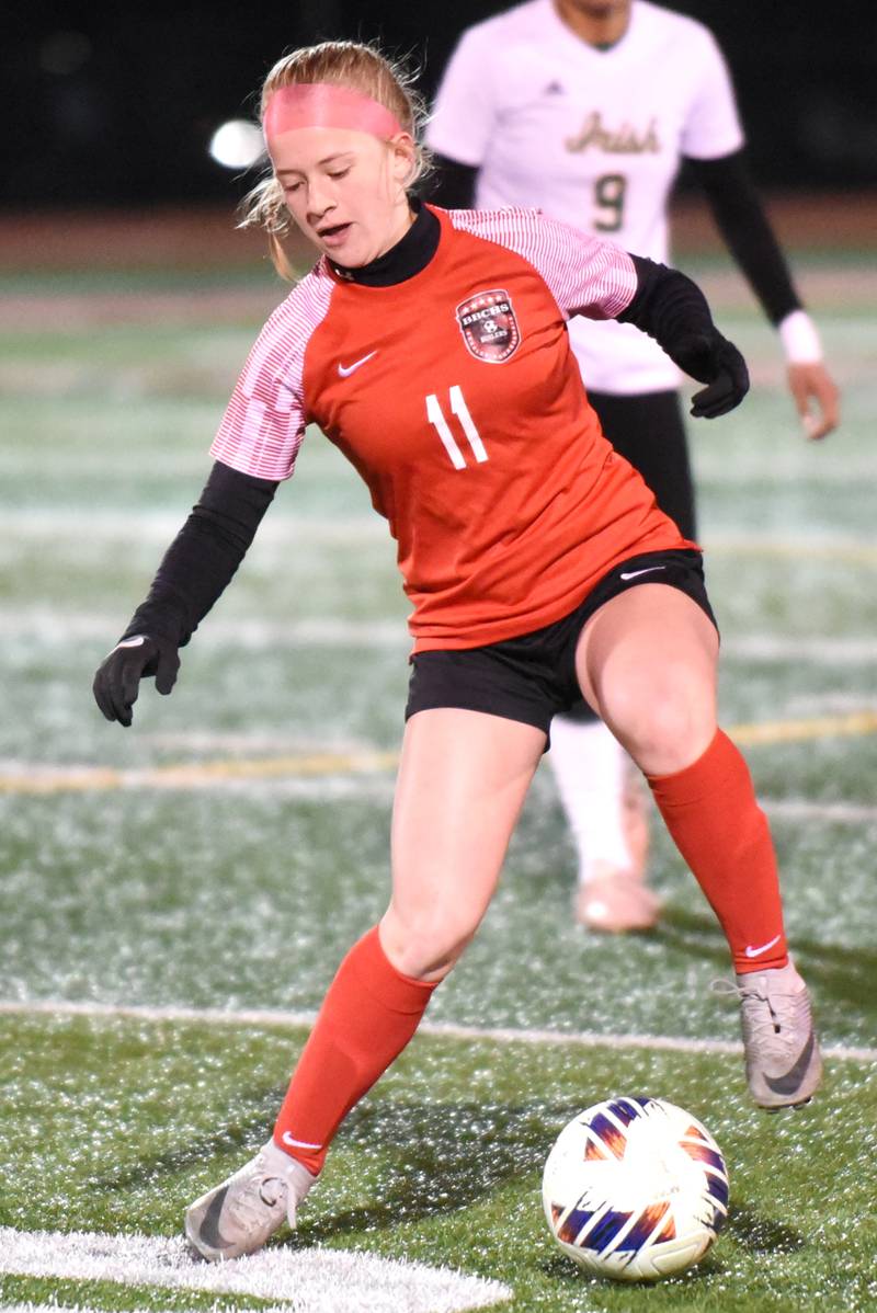 Bradley-Bourbonnais' Rylee Villegas pivots during a home game against Bishop McNamara Tuesday, April 1, 2025.