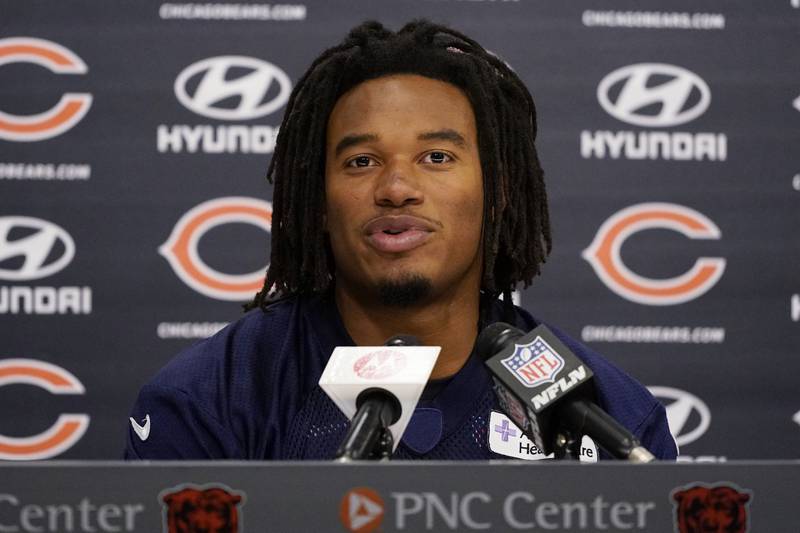 Chicago Bears wide receiver Velus Jones Jr., speaks to the media during rookie minicamp, May 6, 2022, at Halas Hall in Lake Forest.