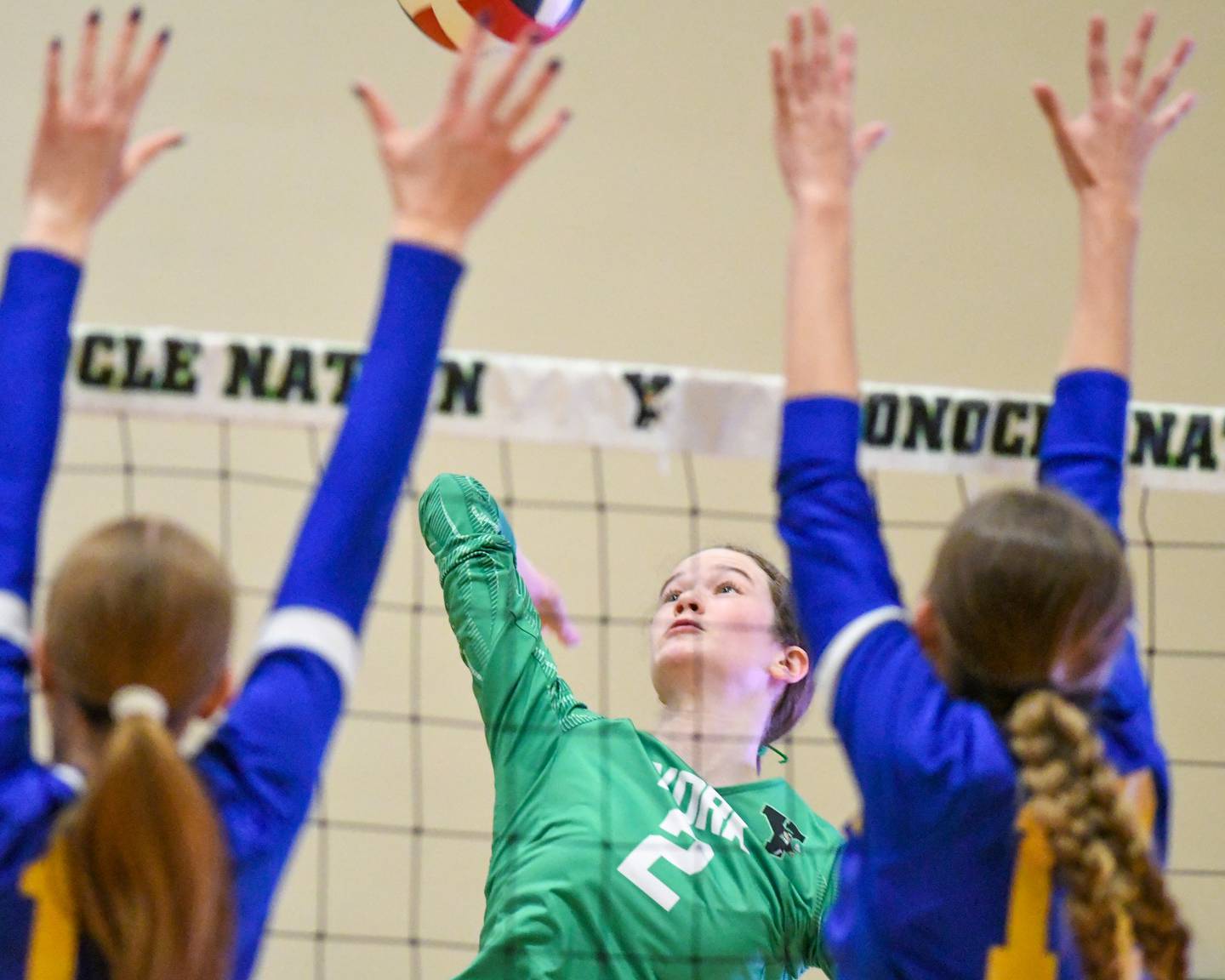 York's Eileen Carroll (2) spikes the ball past Lyons Township defenders during the regional title game while taking on Lyons Township on Thursday Oct. 30, 2025, held at York High School.