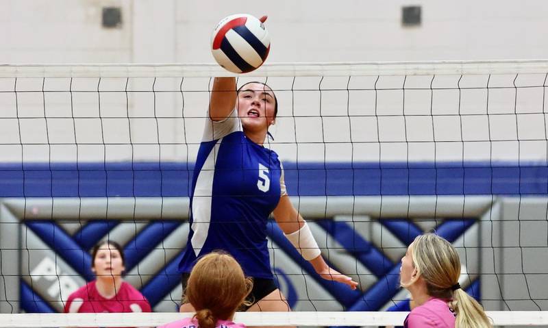 Princeton senior Keely Lawson makes a play at the net against Mendota Tuesday night at Prouty Gym. The Tigresses won 25-15, 25-12.
