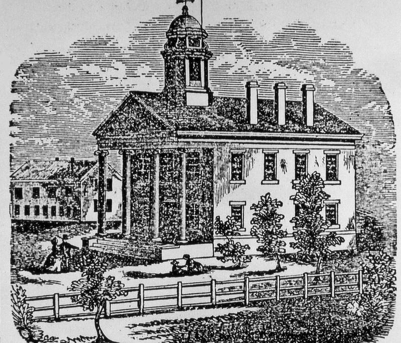 The first Bureau County Courthouse, built in 1845, served as a venue for public debate about slavery in the years before the Civil War. Until it was constructed, court was held in the original Hampshire Colony Church, the smaller building depicted as south of the Courthouse.