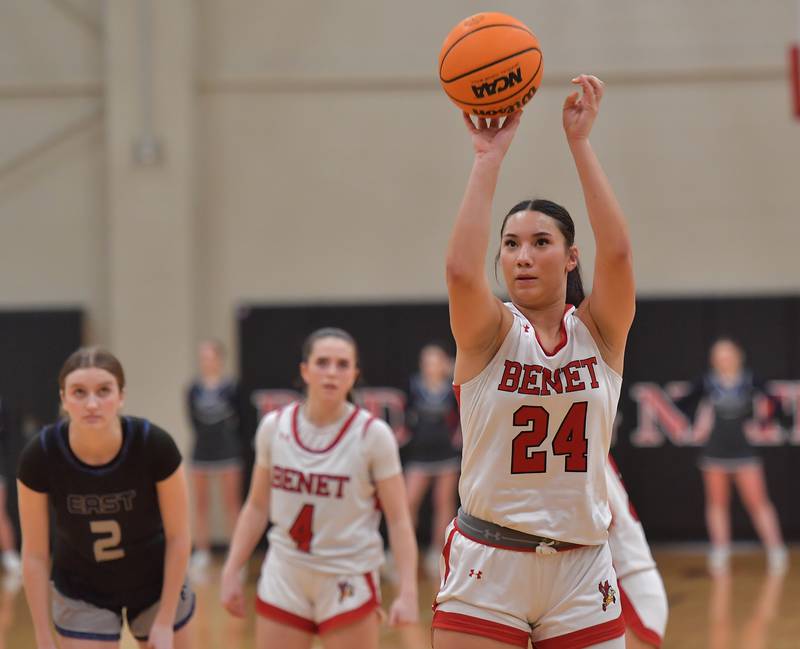 Benet’s Emma Briggs shoots a free throw for her thirty-sixth point of the game during the Class 4A Benet Regional final against Oswego East on February 19, 2026 at Benet Academy in Lisle.