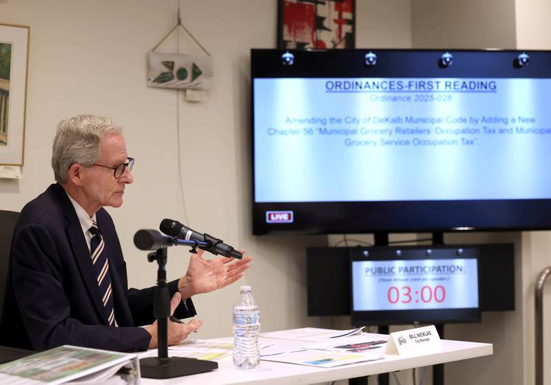 DeKalb City Manager Bill Nicklas gives background Monday, June 23, 2025, on the proposed city grocery tax during the DeKalb City Council meeting at the DeKalb Public Library.
