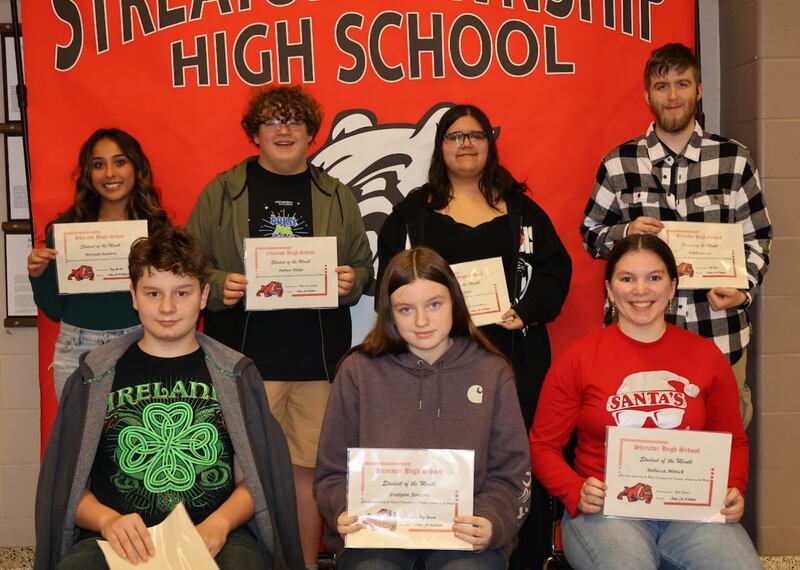 Streator High School December 2024 students of the month are (from left) Patrick Conroy-Fleming, Evalynn Fortson and Rebecca Minick, (back from left) Mireyah Ramirez, Palmer Phillis, Sofia Jasso and Kaleb Lawton. Not pictured are Caria Bruton, Darren Snell and Jodiann Denizad.