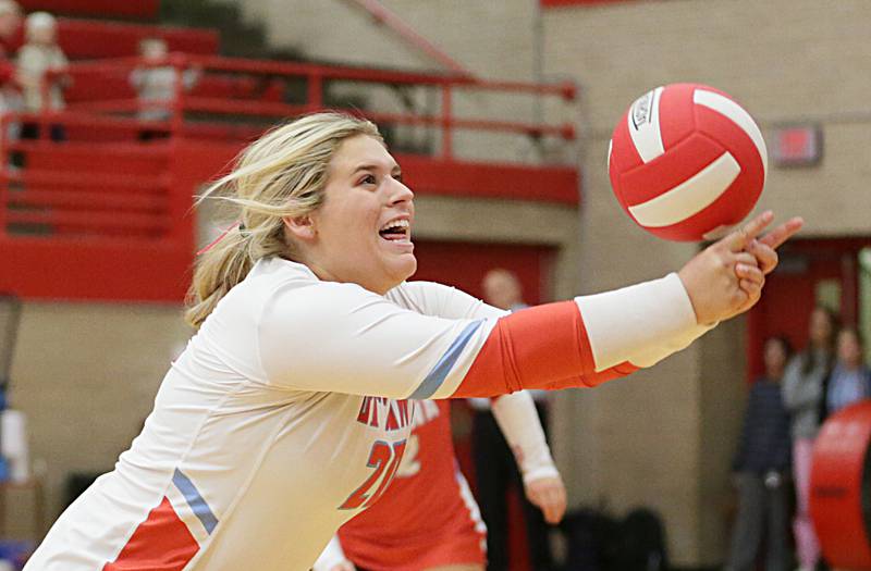 Ottawa's Reese Burgwald hits the ball against L-P on Tuesday, Oct. 18, 2022 at Kingman Gymnasium in Ottawa.