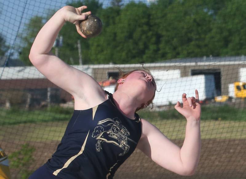 Marquette's Gwen Jimenez throws shot put during the Class 1A Sectional meet on Wednesday, May 8, 2024 at Bureau Valley High School.