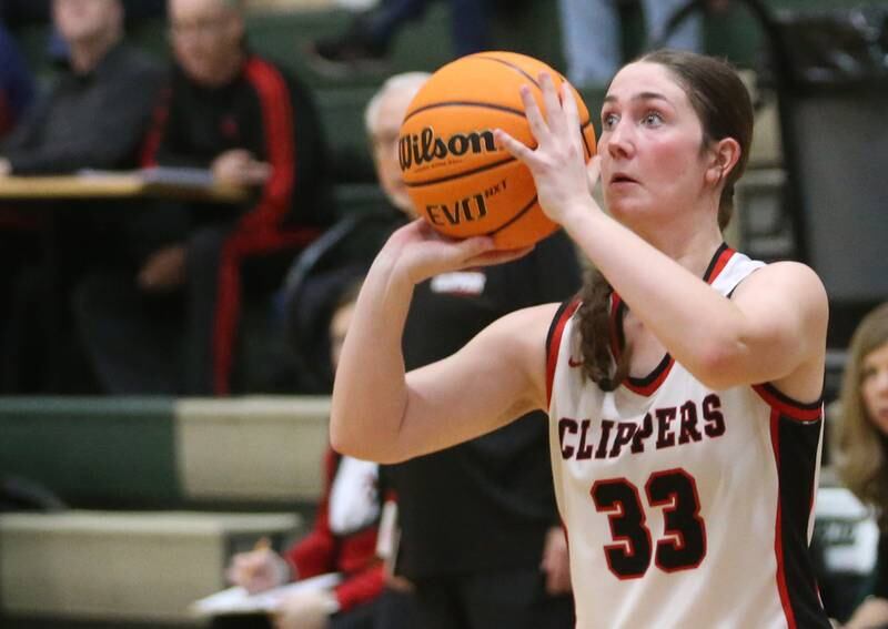 Amboy/Ohio's Aubrey Wells shoots a wide-open jump shot against Marquette during the Class 1A Regional championship on Thursday, Feb. 20, 2025 at St. Bede Academy.
