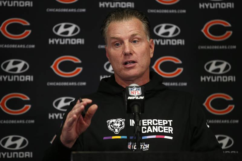 Chicago Bears head coach Matt Eberflus speaks during a news conference after facing the Minnesota Vikings, Sunday, Oct. 9, 2022, in Minneapolis. The Vikings won 29-22.