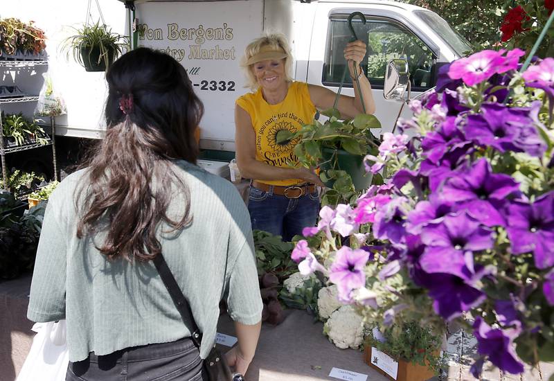 Lori Appelhans sells a plant Tuesday, June 20, 2023, from the Van Bergen’s Country Market booth during the  Summer Woodstock Farmers Market around the Historic Woodstock Square. People were able to shop from over 40 of their favorite farms & producers for in-season food fresh produce, dairy, meats, breads, baked goods, spices, herbs, pasta, flowers and more.