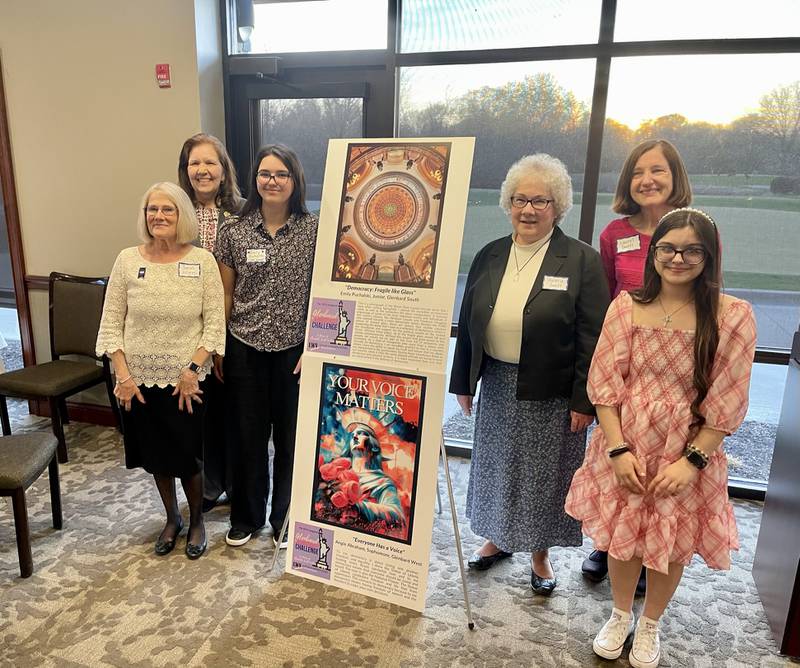 Pictured, left to right, Sarah Allen, LWVGE Co-President, Michelle Thorsell, LWVGE Co-President, Emily Puchalski
GWS Winner, Valerie Swett, Laurel Swett, daughters of Charlotte Swett Walter, Angie Abraham, GBW winner.